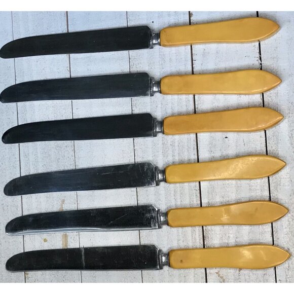6 Vtg Butterscotch Bakelite Flatware Antq Boker Art Deco 1930s Stainless Knives - Picture 2 of 8